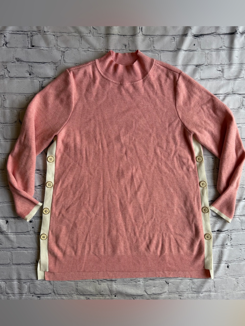 Chicos Size 3 Pink Knit Tunic Sweater Top XL/16 White Buttons Classic Preppy EUC